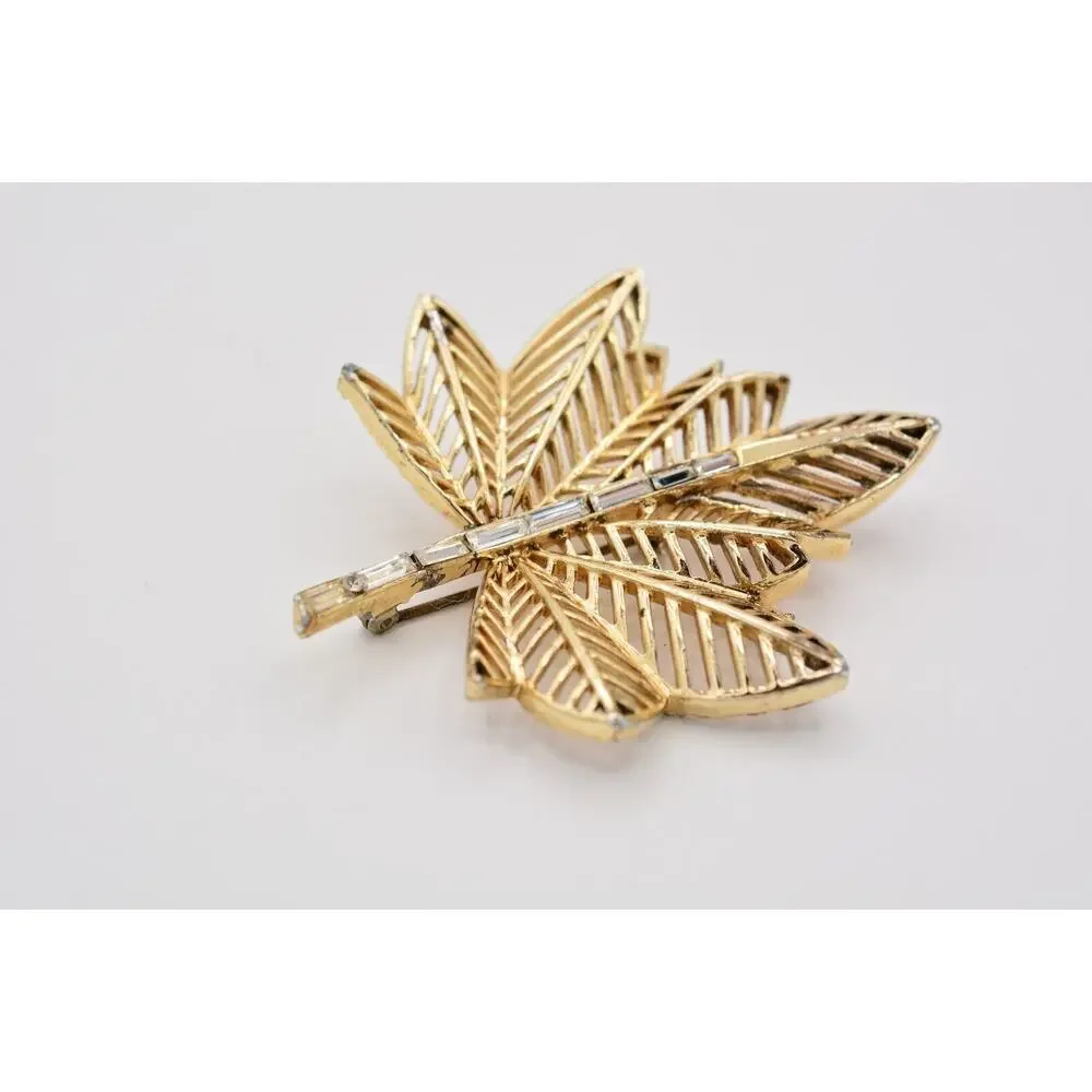 Vintage Crystal Leaf Pin Brooch Baguette Rhinestone Gold Tone Filigree 70s BinAT